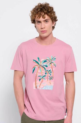 Funky Buddha ανδρικό βαμβακερό T-shirt μονόχρωμο με paint-brushed print μπροστά - FBM007-344-04 Ροζ XXL